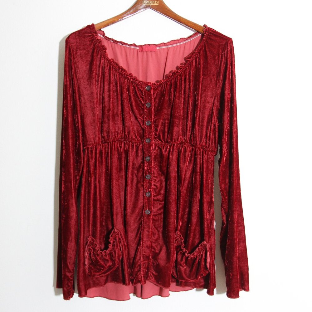 CP Shades Velvet Button Front Babydoll Top Blouse Silk Lettuce Trim Red Sz Large